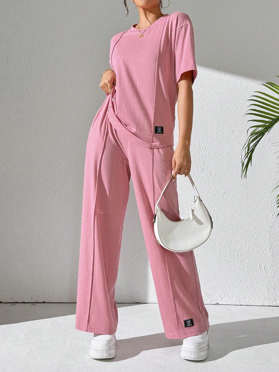 Mulvari 2 件女式纯色圆领长袖上衣和裤子套装，日常休闲装，休闲装运动服 2 件套休闲套装，适合散步/运动/返校和日常休闲装 2 件套 - 西瓜粉 - 查看 1