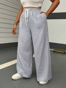 SHEIN EZwear 大码女式条纹阔腿休闲裤 - 藏蓝色 - 查看 6