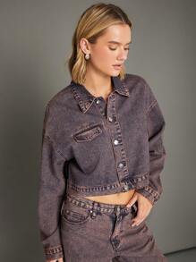 WESTFADE Winter Jacket Premium 100% Cotton Denim Acid Wash Button Front Long Sleeve Boxy Cropped Jacket - Blue - View 5