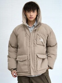 DAZY Men's Zip-Up Hooded Padded Coat With Letter Print, Winter Jacket - Khaki - View 9