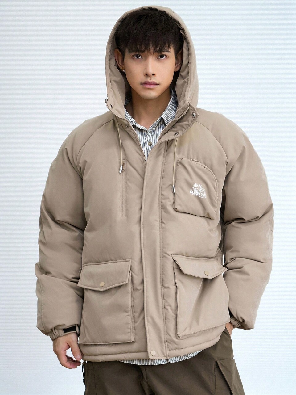 Men's Zip-Up Hooded Padded Coat With Letter Print, Winter Jacket
