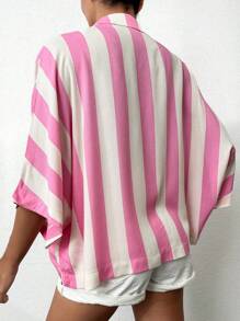 EURMUSE Áo sơ mi tay cánh dơi kẻ sọc 100% Cotton dành cho nữ - Hồng - Xem 2