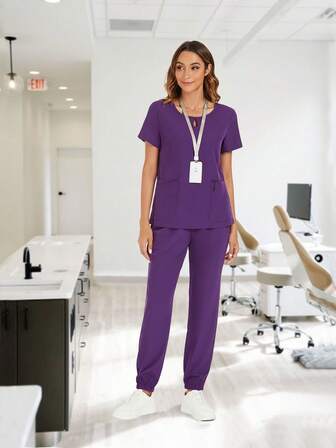 女式夏季纯色圆领手术服护士套装，包括 T 恤和裤子