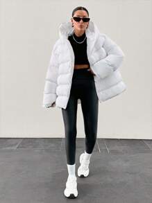 RueChic Plain Hooded Puffer Coat With Snap Button - White - View 1