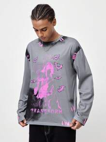 ROMWE MEN ROMWE Avant 男士春秋休闲、卡通人物及字母印花长袖T恤、校园 - 灰色 - 查看 3