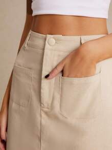 SHEIN Frenchy 素色開衩短裙不附腰帶 - 卡其色 - 查看 6