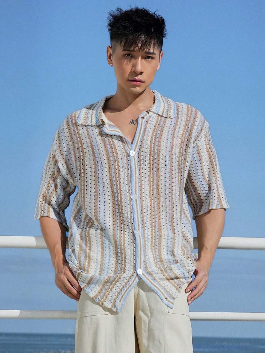 DAZY Men's Striped Print Button-Front Casual Knit Top, Summer Vacation - Multicolor - View 1