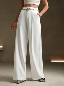 Petite Pantalones de traje blancos de primavera, pantalones de traje con decoración de cinturón metálico de unicolor moderno y urbano - Celeste - Ver 11