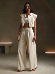 Anewsta 休闲自然亚麻感修身高腰翻领背心套装