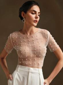 Anewsta Top corto de malla transparente y sexy con cuentas para mujer en verano - Blanco - Ver 1