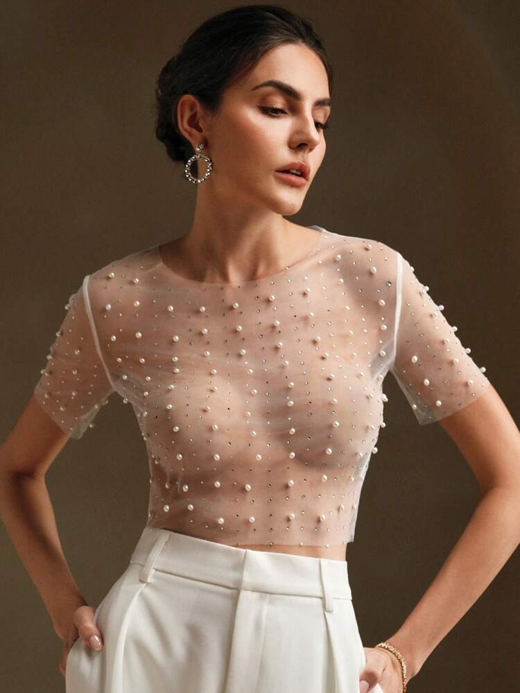 Top corto de malla transparente y sexy con cuentas para mujer en verano