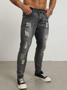 Manfinity LEGND Men's Front Button Multiple Pockets Distressed Denim Jeans, Casual Wear