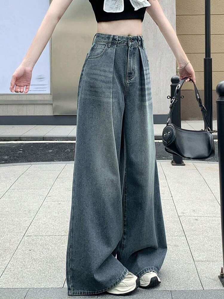 Women's Loose Pockets Pleated Wide Leg Casual Denim Jeans,Baggy Jeans Fall,Winter