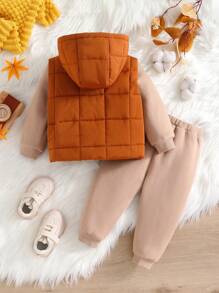 SHEIN 3 sztuki/zestaw chłopięcy ciepły jednolity kolor polarowa kamizelka, bluza z kapturem, zestaw długich spodni na jesień i zimę, odpowiedni na zewnątrz, narciarstwo