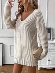 SHEIN LUNE 女士超大 V 领针织休闲连衣裙，纯色宽松套头毛衣连衣裙