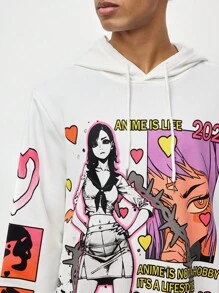 ROMWE MEN ROMWE Avant Men's Drawstring Front Print Hooded Sweatshirt, Casual Everyday Wear, School - White - View 6