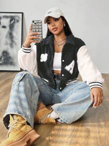 Flirla Patchwork Short Plush Casual Letterman Jacket