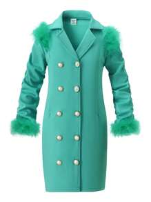 SHEIN Girls Elegant Avocado Green Knit Patchwork Feather Trim Dress,Stand Collar,Ruched Sleeve,Golden Buttons,Autumn Party Formal Occasions,New Arrival - Green - View 4