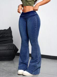 SHEIN EZwear Jeans de corte ceñido de unicolor con cintura estilizada, uso casual de todos los días para mujer