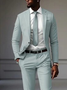 Calvornis Men's Solid Color Notch Lapel Long Sleeve Blazer And Pants Two-Piece Casual Business Suit, Spring & Fall - Mint Green - View 4