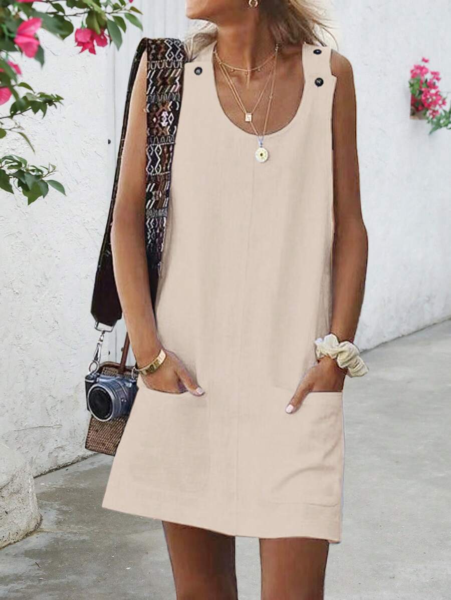 SHEIN LUNE Solid Color Sleeveless Dress With Pockets, Casual Vacation Wear