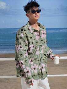 DAZY 男士花卉印花宽松休闲长袖衬衫，春夏