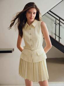 MOTF STUDIO TWEED FLAP DETAIL BUCKLE BELTED PLEATED HEM SHORT DRESS