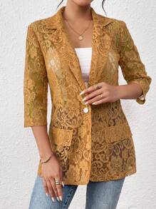 Chiquease Women's Solid Color Peter Pan Collar Lace Butterfly Mid-Sleeve Blazer