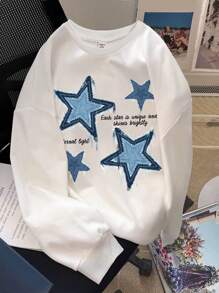 SHEIN Teen Girls' Casual Minimalist Stars & Letter Graphic White Loose Fit Long Sleeve Sweatshirt, Fall/Winter School Outfit