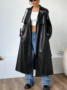 SHEIN EZwear Black Long Sleeve Faux Leather Jacket With Belt - Black - View 1