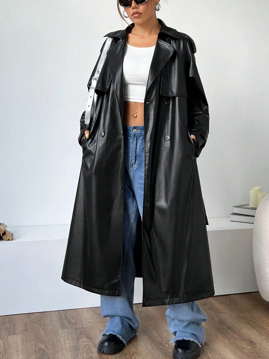 SHEIN EZwear Black Long Sleeve Faux Leather Jacket With Belt - Black - View 1