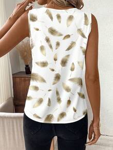 SHEIN Clasi Blusa casual sin mangas con cuello en V y estampado de plumas para mujer - Multicolor - Ver 2