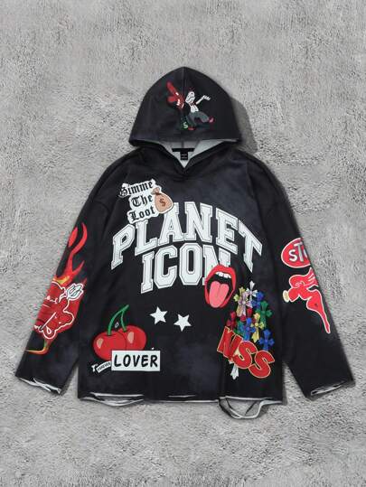 PAVTROS 男士全身印花连帽运动衫，做旧设计，街头潮流，图案，长袖，连帽衫，男友礼物