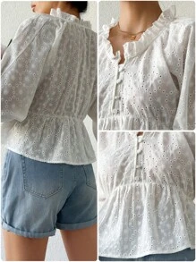 RueChic Blouse À Broderie Anglaise À Plis À Volants - Blanc - Voir 6