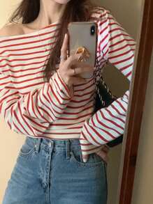 DAZY Women's Striped Open Shoulder Loose Long Sleeve T-Shirt, Suitable For Christmas, Spring, Summer And Autumn
