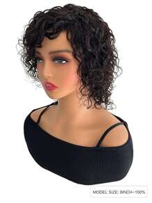 Peluca corta de bob ondulada de 8 pulgadas sin pegamento, peluca de cabello humano para mujer, color natural, sin encaje frontal, peluca hecha a máquina - Natural Black - Ver 4