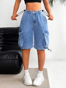 SHEIN EZwear Women's Front Button Multiple Pockets Solid Color Denim Shorts, Casual Daily Wear
