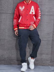 Manfinity Roghcode Men's Summer Sports College-Style Oversized Letter Pattern Eagle Badge Printed Red Baseball Collar Jacket - Red - View 5
