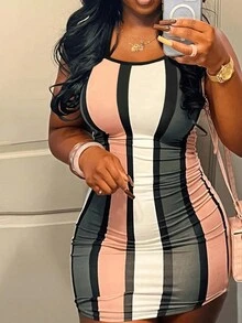 SHEIN Slayr Women's Color Block Striped Printed Pleated Cami Dress - Multicolor - View 3