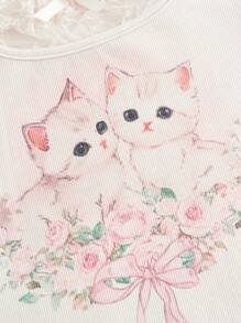 ROMWE Kawaii Áo thun nữ Himekaji cổ tròn in họa tiết hoa hồng mèo dễ thương, trường học - Màu be - Xem 4