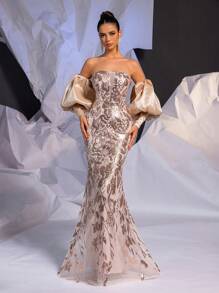 Glamrae Váy đuôi cá trễ vai hở vai hở eo, đính sequin màu sâm panh sang trọng & thanh lịch, tay áo lồng đèn cỡ lớn có thể tháo rời & đuôi váy, hoàn hảo cho tiệc đơn, đám cưới, sự kiện dạ hội trang trọng, váy dạ hội, cho khách dự tiệc cưới, tốt nghiệp, tiệc tối - Rượu sâm banh - Xem 3