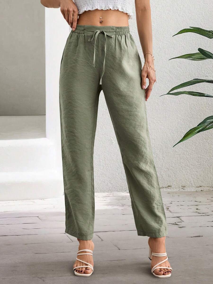 EURMUSE Straight Leg Olive Green Pants - Olive Green - View 1