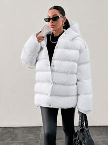 RueChic Plain Hooded Puffer Coat With Snap Button - White - View 5