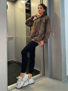 SHEIN EZwear Women's Fashionable Leopard Print Hooded Sweatshirt With Pocket