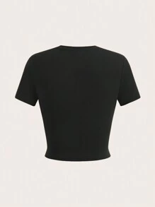 SHEIN EZwear 休闲简约草莓印花圆领短袖短款紧身女士T恤，适合夏季 - 黑色 - 查看 2