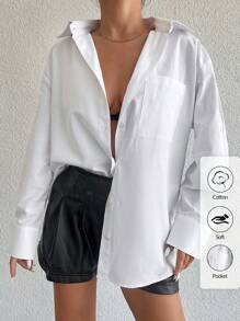 EURMUSE Cotton Women's Drop Shoulder Long Sleeve Shirt - White - View 1