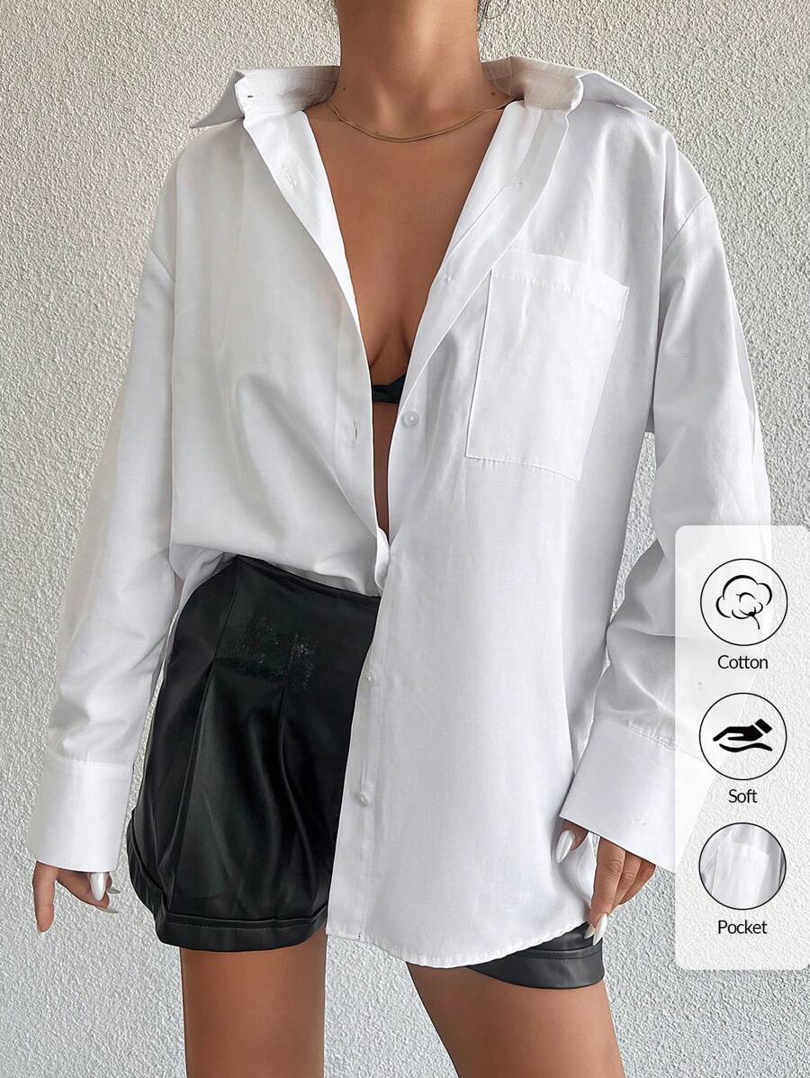 EURMUSE Cotton Women's Drop Shoulder Long Sleeve Shirt - White - View 1