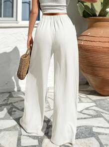 EURMUSE Women Straight Leg Casual Fashion Belt Detailed Pants - White - View 2