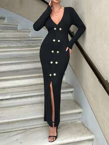 SHEIN Elegant Double-Breasted Split Hem Fitted Sweater Dress, Spring/Fall - Black - View 4