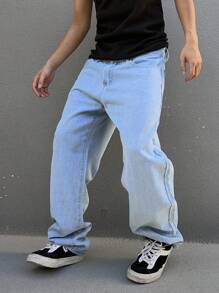 Manfinity EMRG Jeans in denim con cucitura a contrasto, vestibilità ampia, tasche inclinate, per uomo. Jeans ampi, jeans larghi, jeans a gamba larga, jeans ampi blu per uomo.